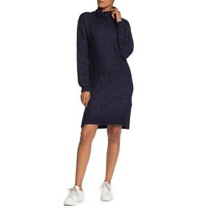 Solutions Turtleneck Balloon Sleeve Dress In Navy Blue Size L $169